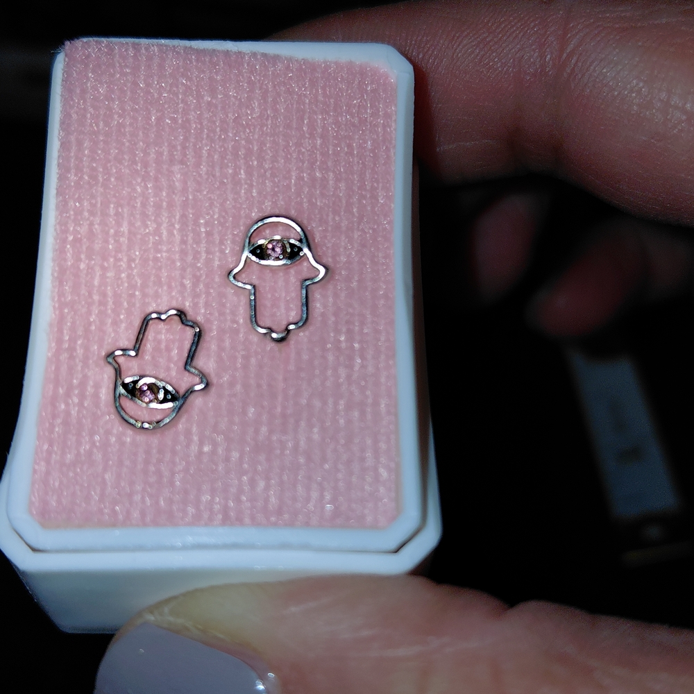 Silver Hamsa Earrings with Pink Gem